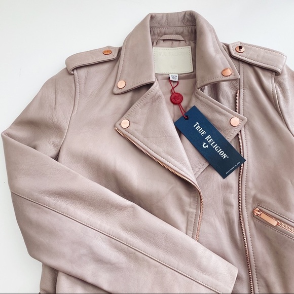 $495‼️TRUE RELIGION SHEEP LEATHER MOTO JACKET CROPPED Mauve Motorcycle Luxury XS - Picture 2 of 8